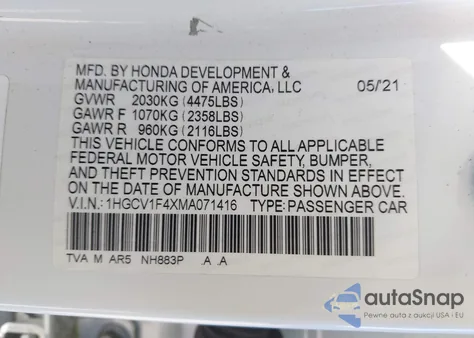 2021 Honda Accord Sport Special Edition z USA, uszkodzony, nr VIN 1HGCV1F4XMA071416